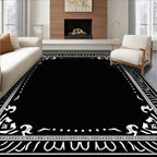 Bold Black White Ornate Border Rug