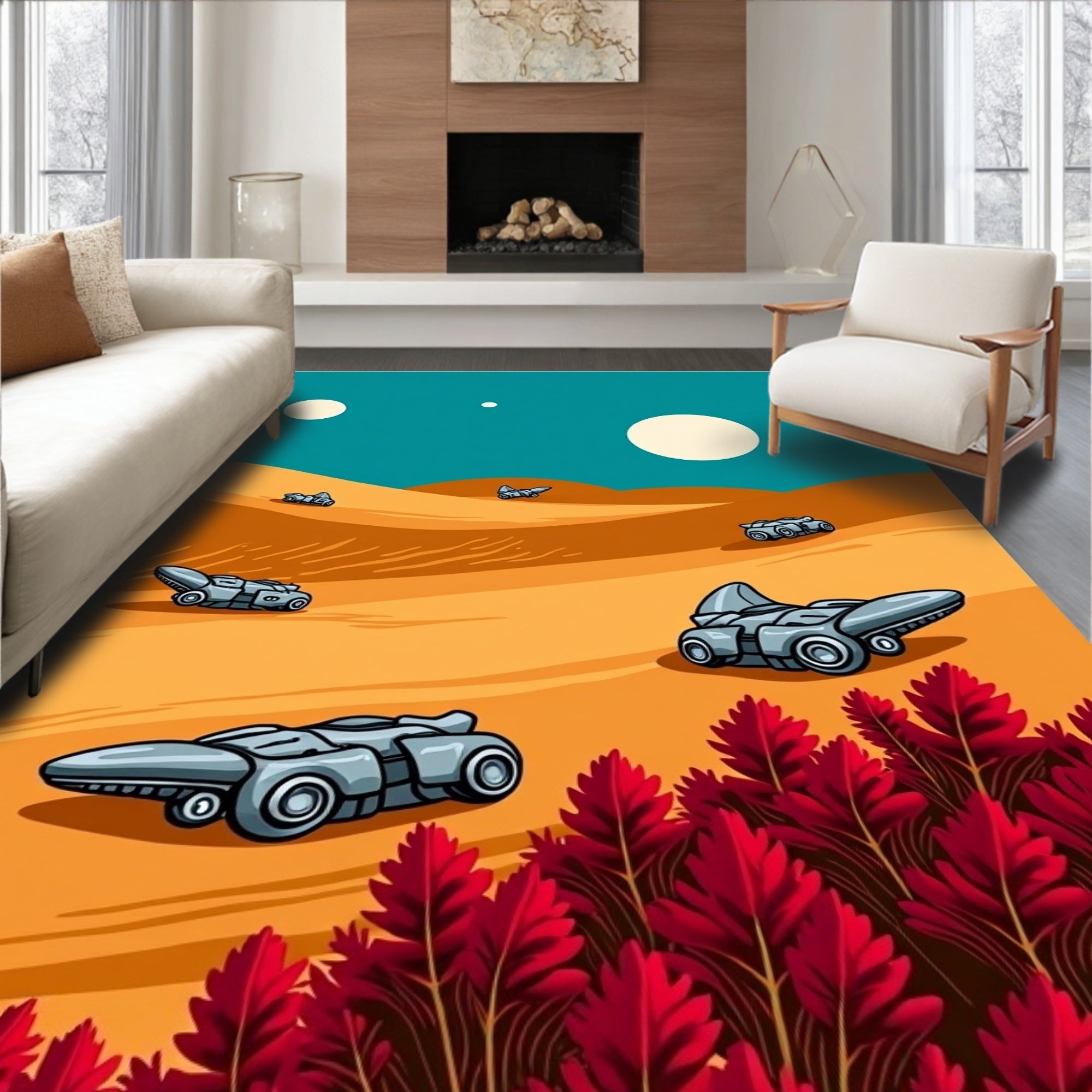 Surreal Desert Landscape Spaceship Field Rug