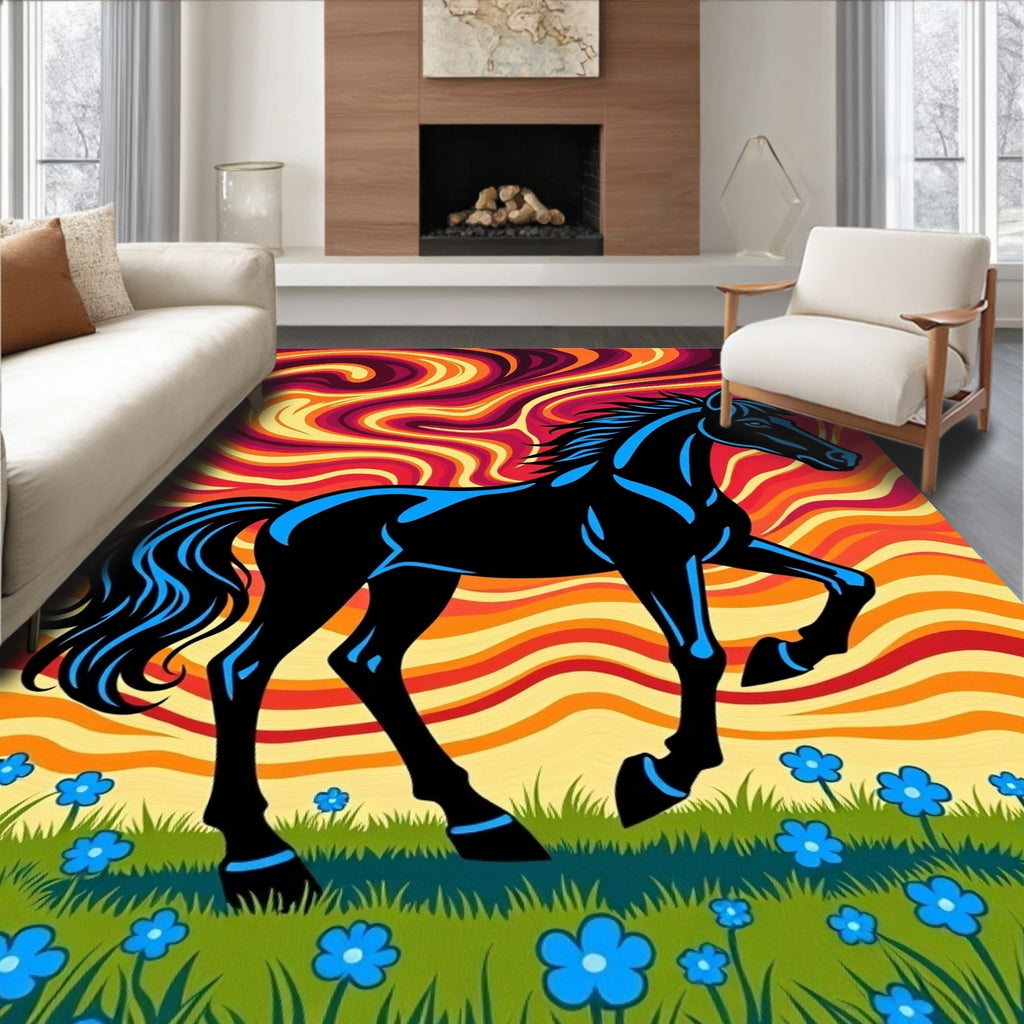 Vibrant Black Horse Psychedelic Swirl Rug