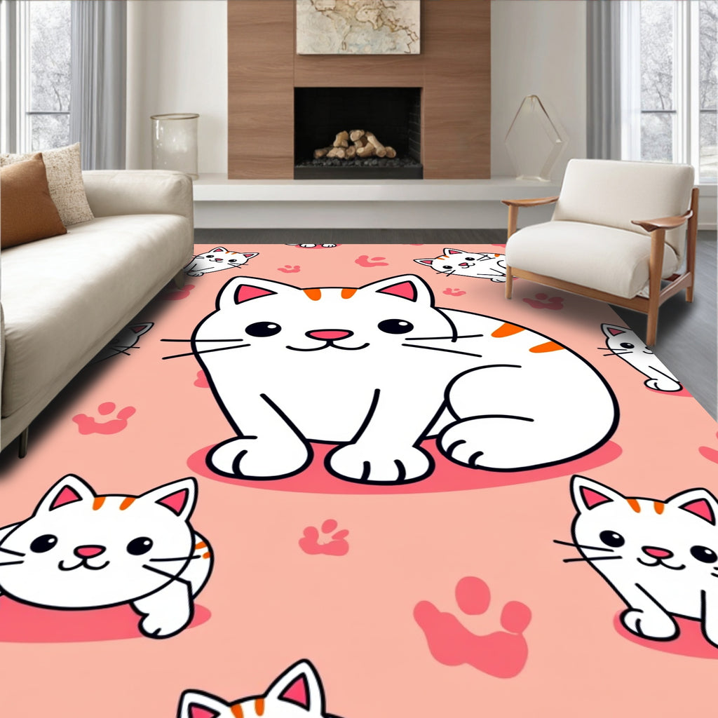 Cute White Kittens Paw Prints Pink Rug
