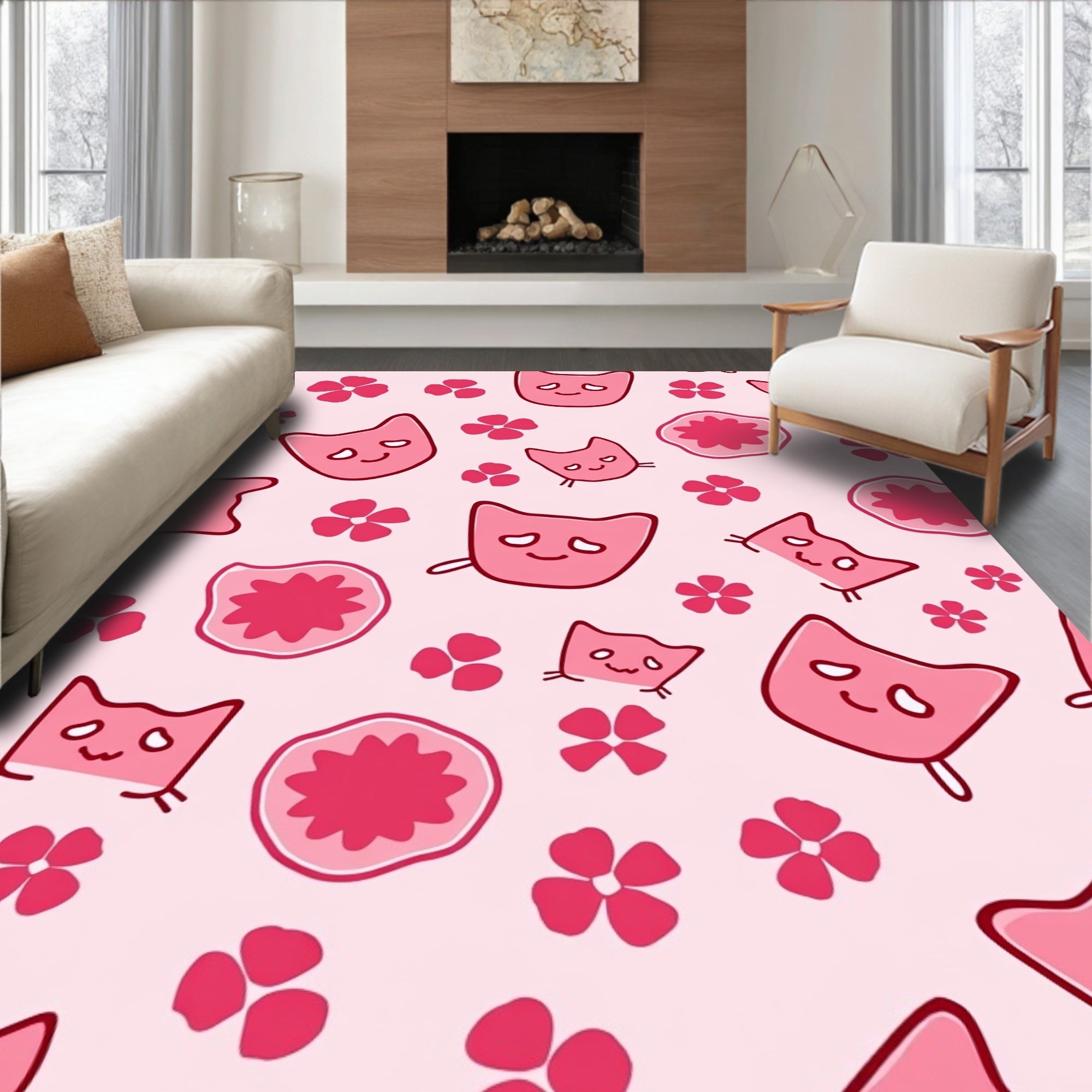 Pink Kawaii Cats And Flowers Rug