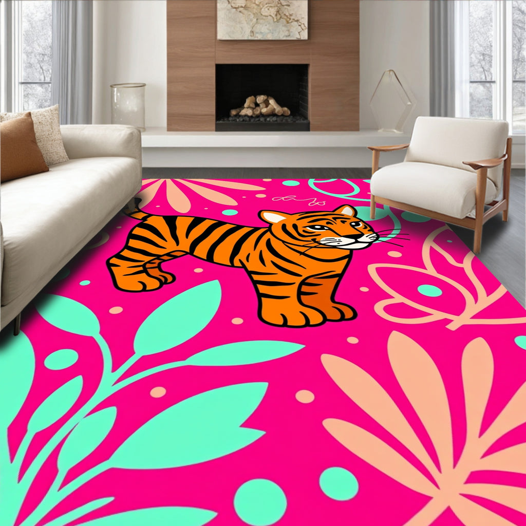 Vibrant Pink Tiger Floral Jungle Rug