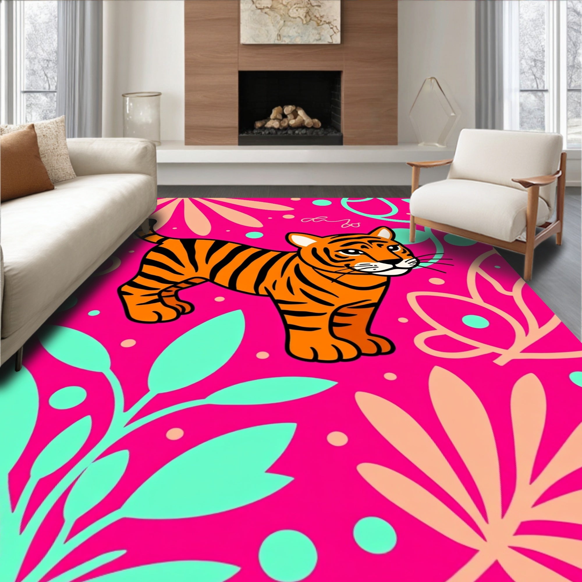Vibrant Pink Tiger Floral Jungle Rug