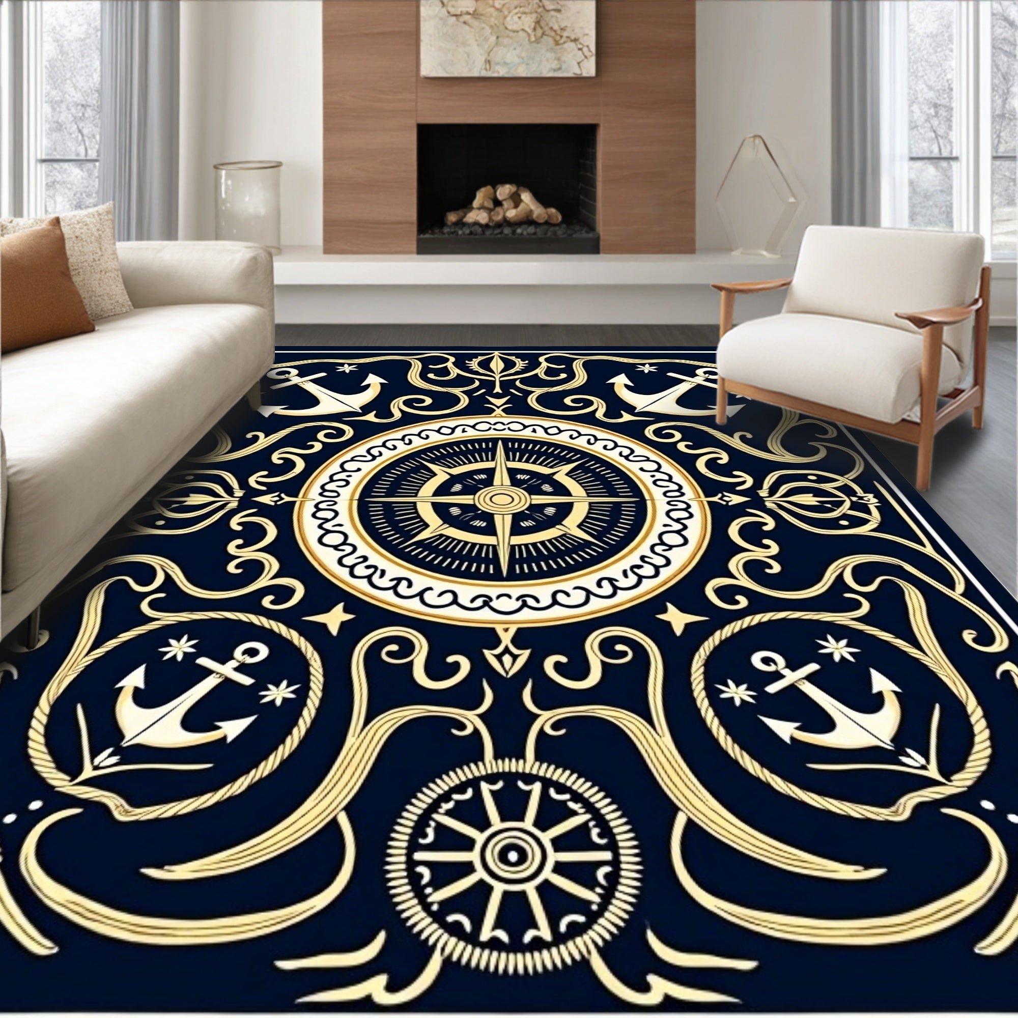 Nautical Navy Gold Anchor Compass Rose Rug
