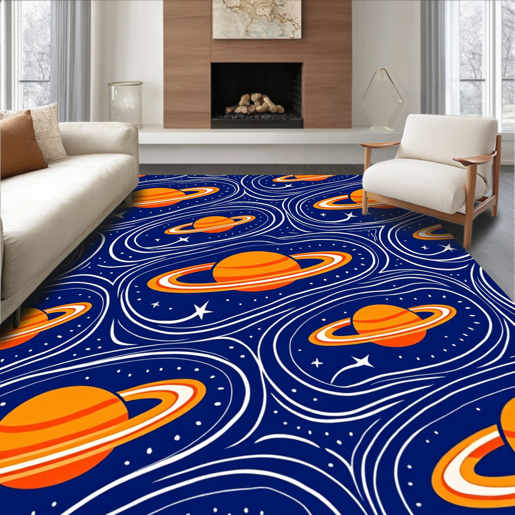 Orange Ringed Planets Swirling Galaxy Rug