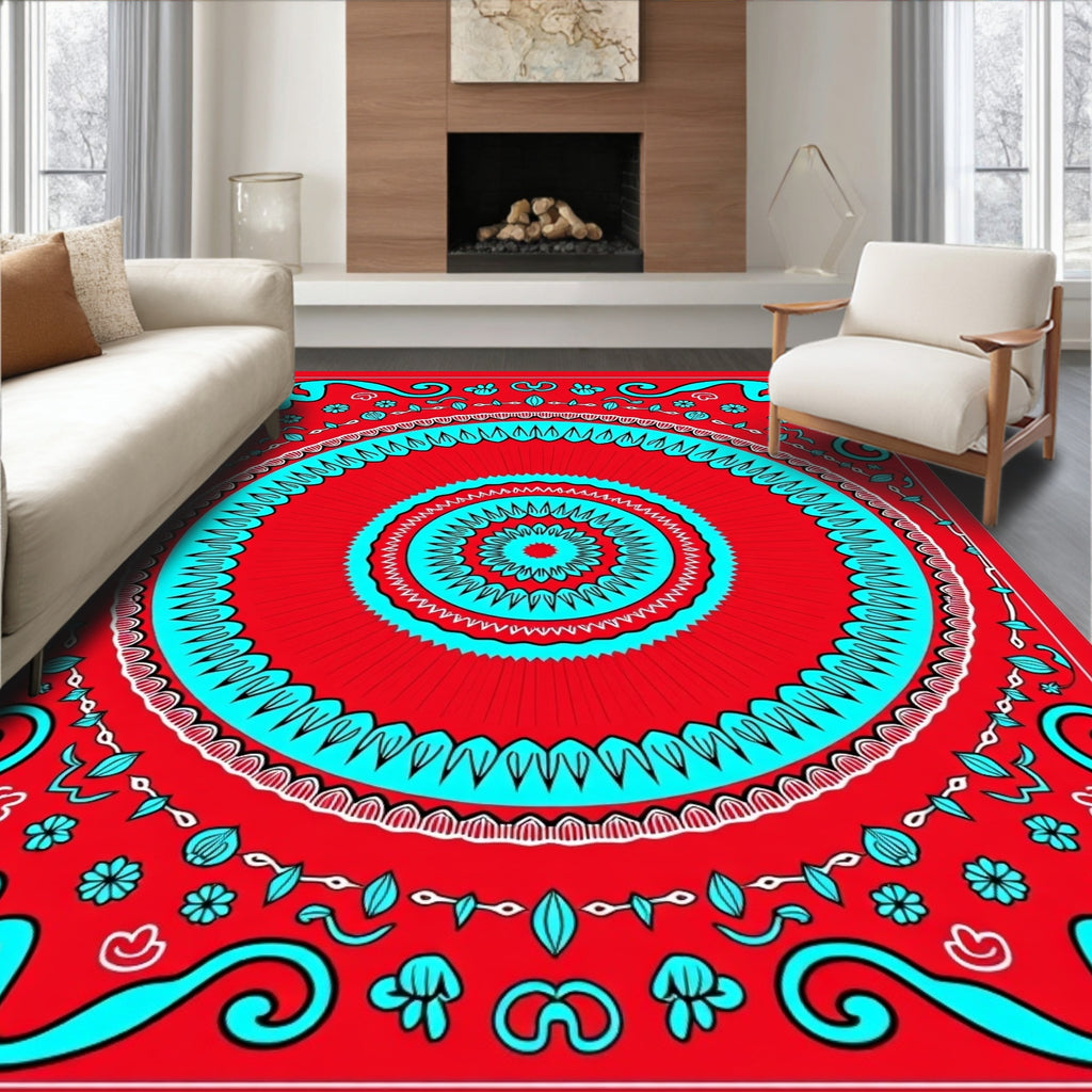 Crimson Red Turquoise Medallion Mandala Rug