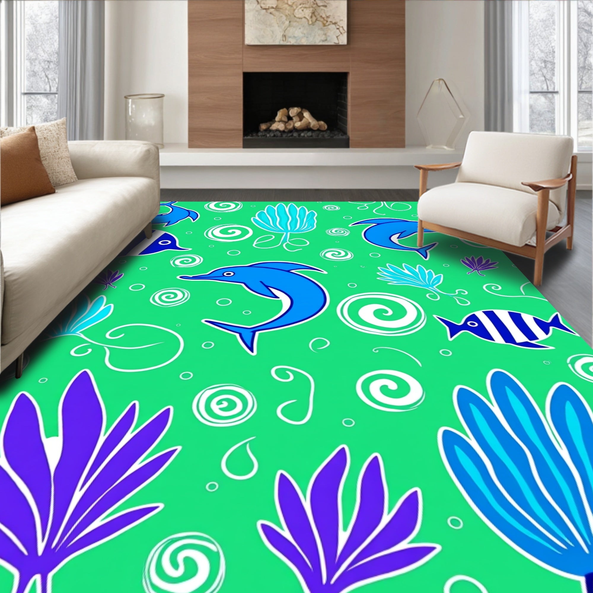 Whimsical Blue Dolphin Ocean Scene Rug