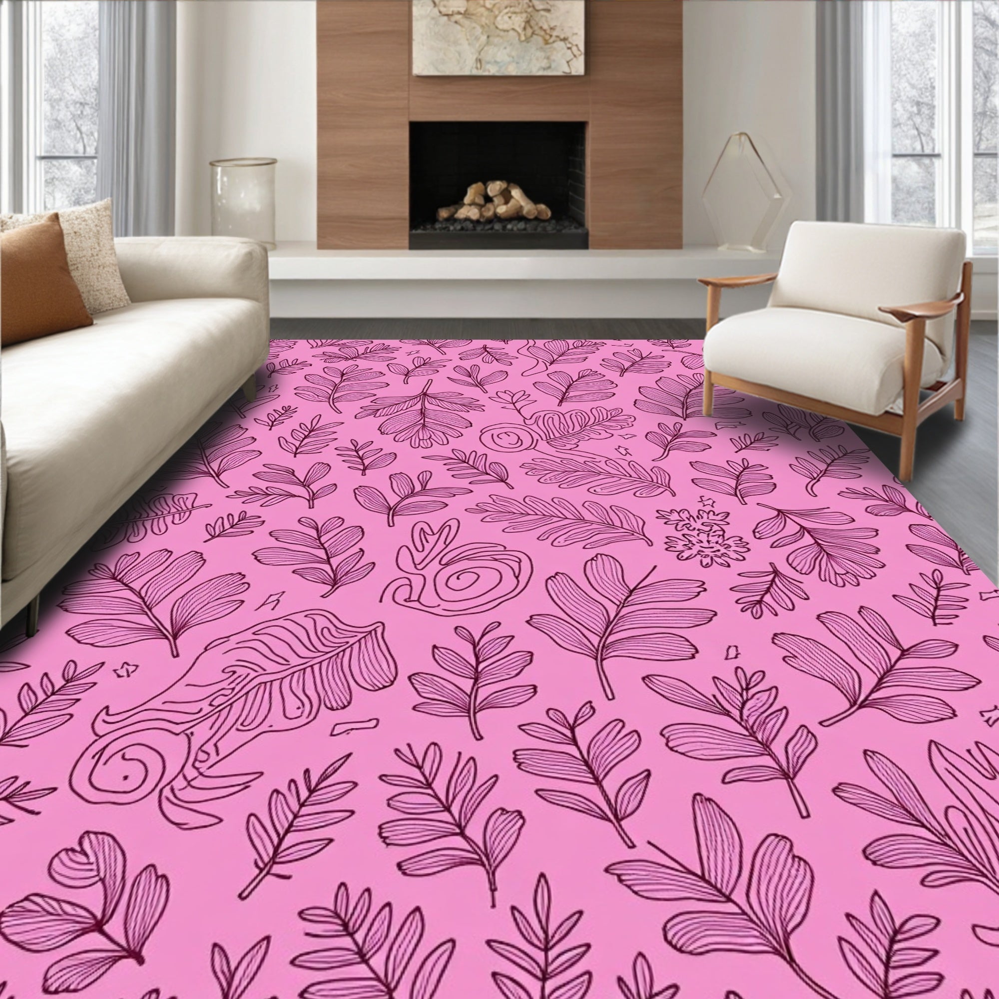 Pink Botanical Line Art Rug