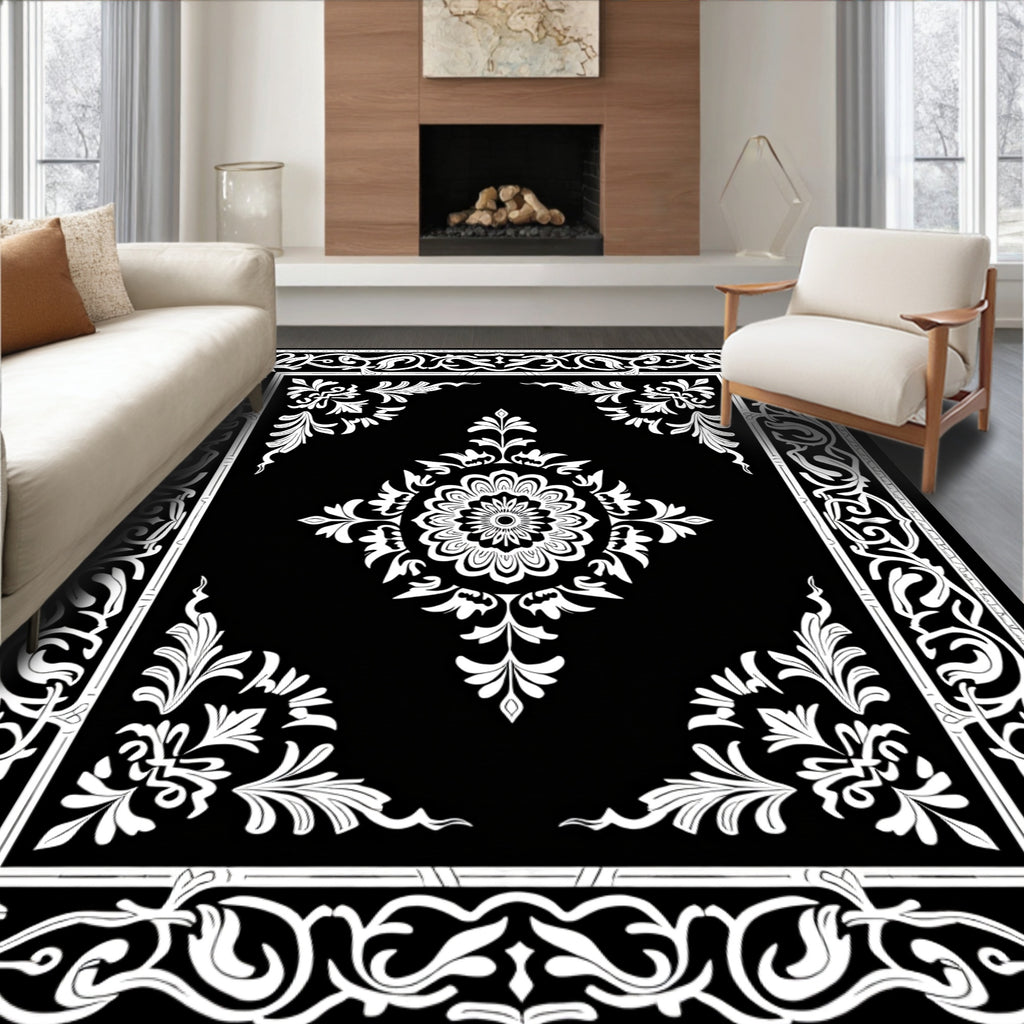 Ornate Black and White Inlay Blooms Rug
