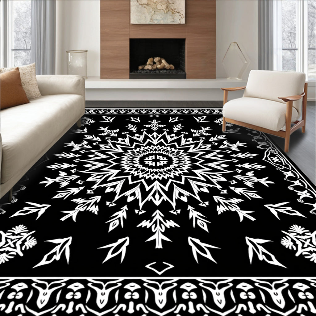 Black White Radial Starburst Border Rug