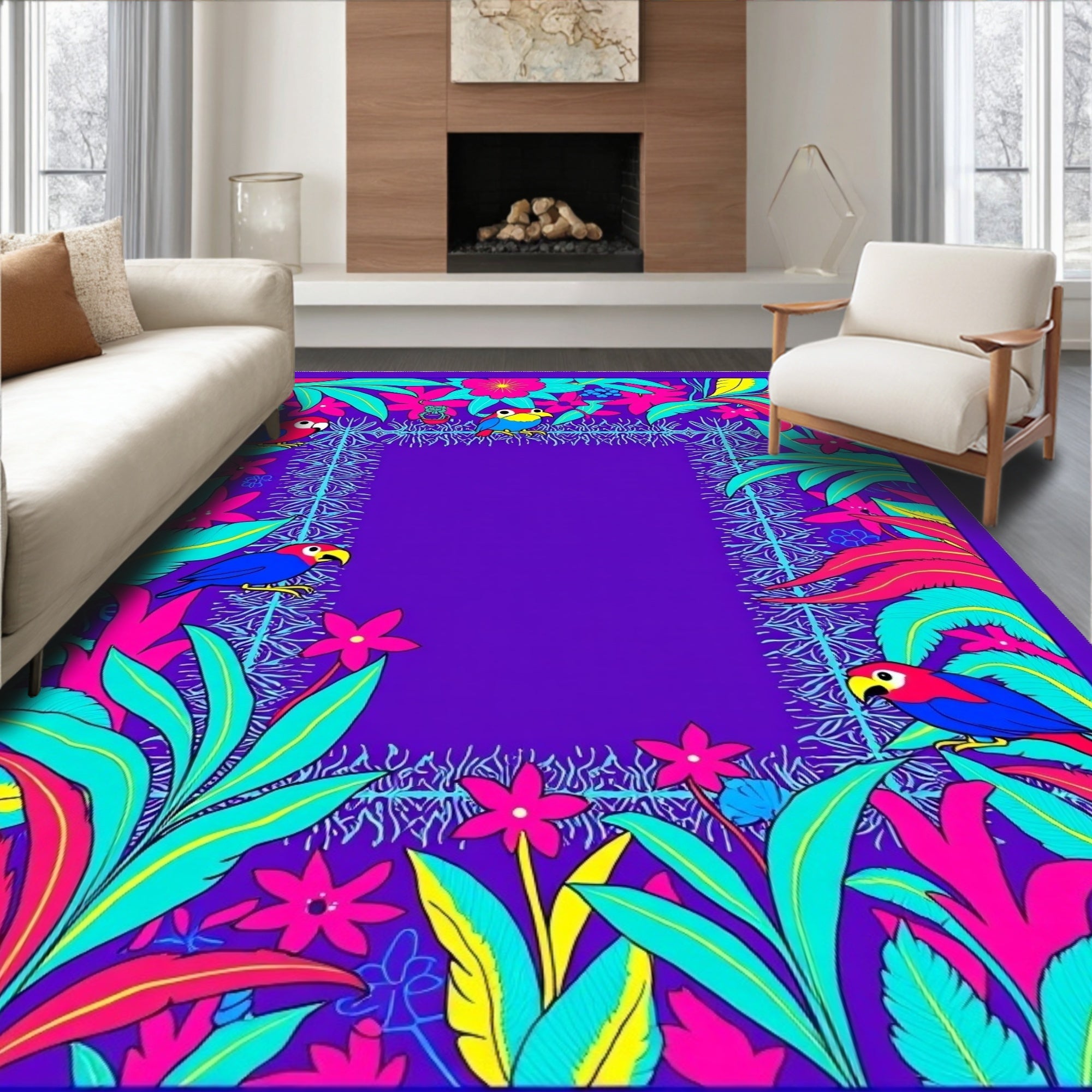 Vibrant Tropical Birds and Flowers Border Rug