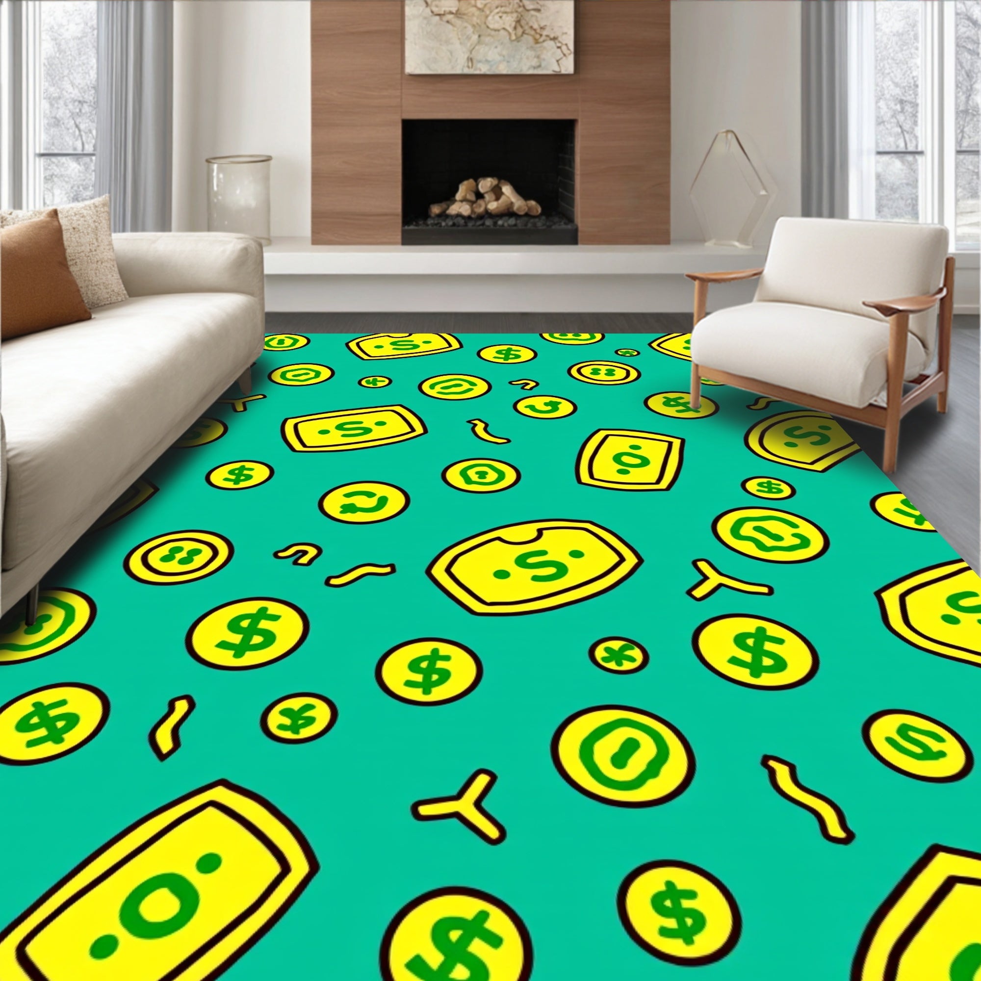 Golden Dollar Bills Coins Teal Rug