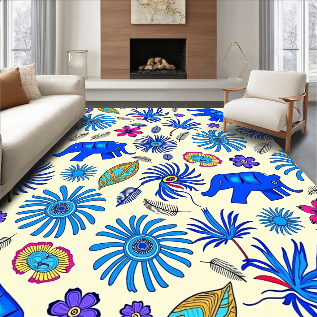 Vibrant Blue Elephant Floral Cream Rug