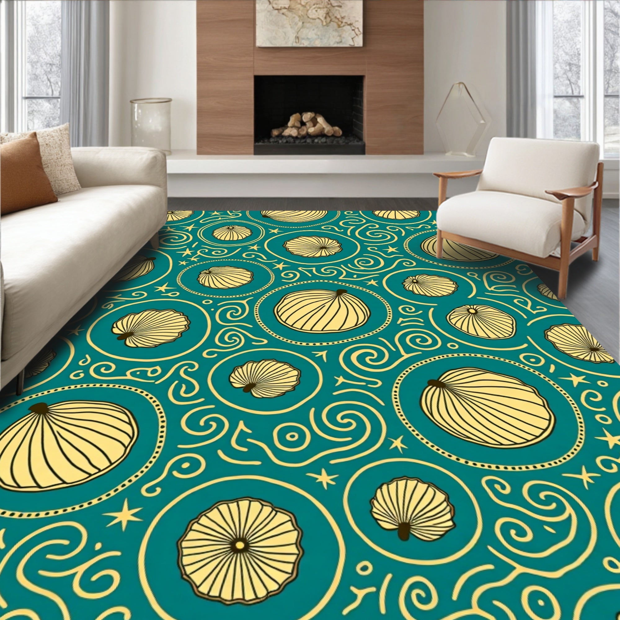 Teal Yellow Fan Medallion Swirl Rug