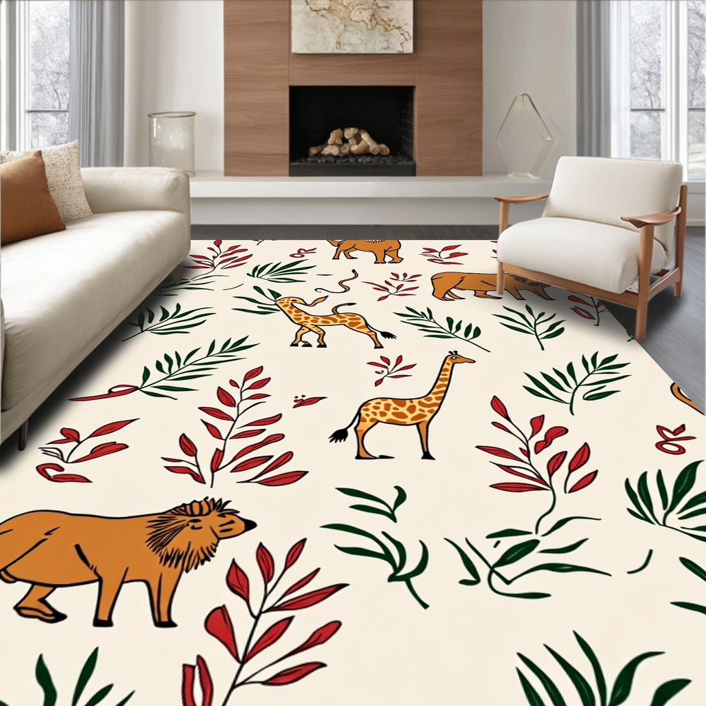 Safari Animals Red Green Foliage Rug