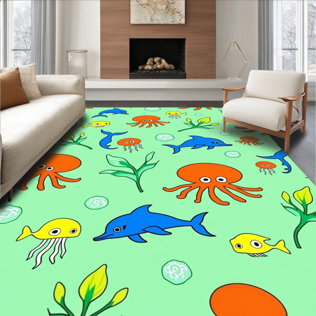 Playful Marine Life Dolphin Octopus Fish Rug
