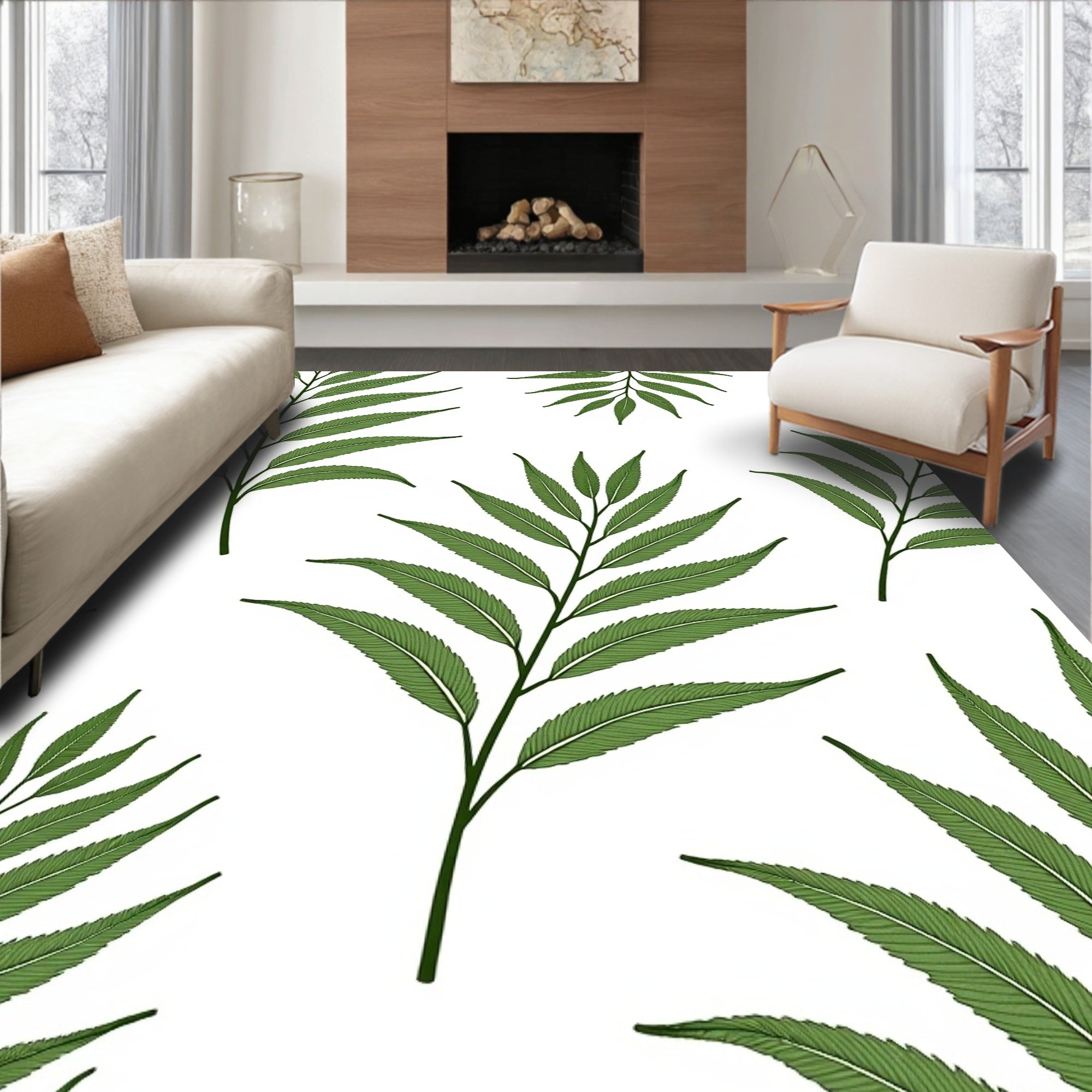 Green Fern Frond Leaf Botanical Rug