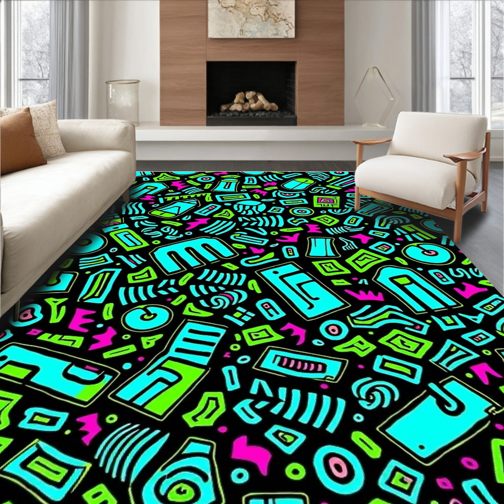 Bright Turquoise Neon Abstract Shapes Rug
