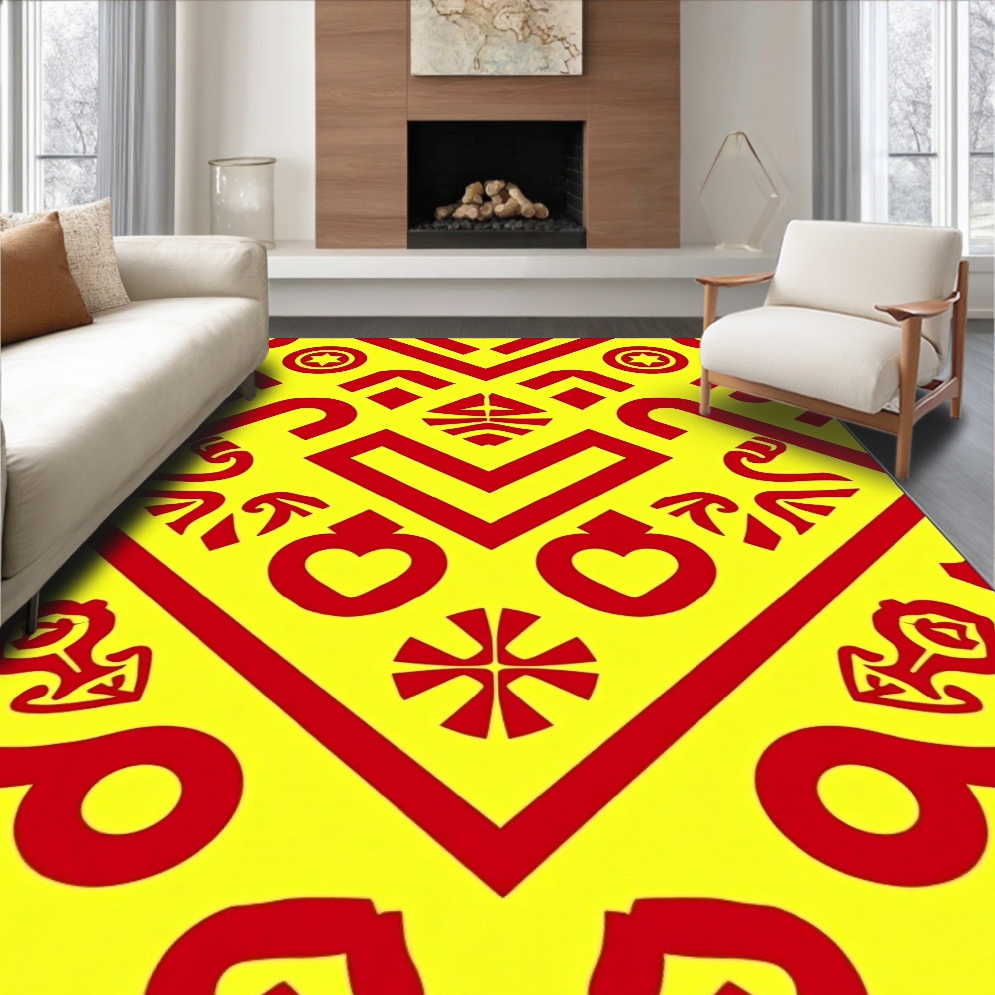 Bright Yellow Red Abstract Geometric Hearts Rug