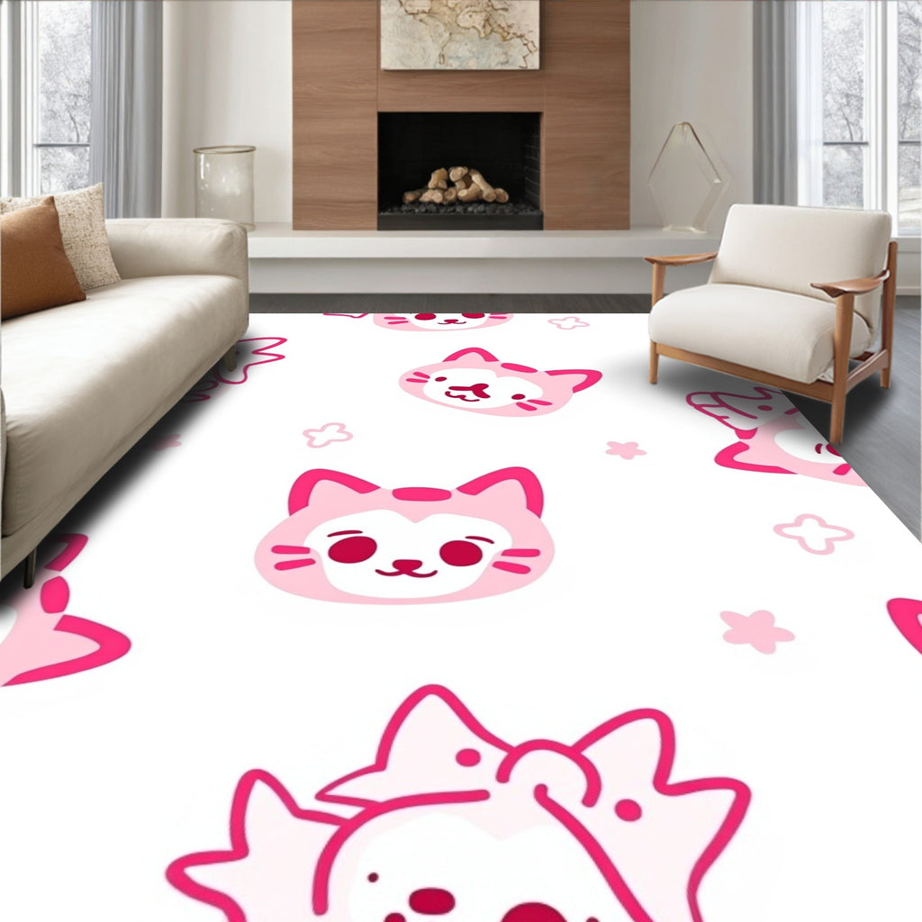 Whimsical Pink Cat Faces Scattered Stars Rug