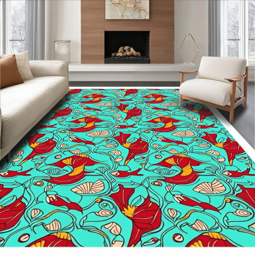 Art Nouveau Red Floral Teal Swirling Fish Rug