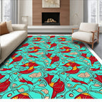 Art Nouveau Red Floral Teal Swirling Fish Rug