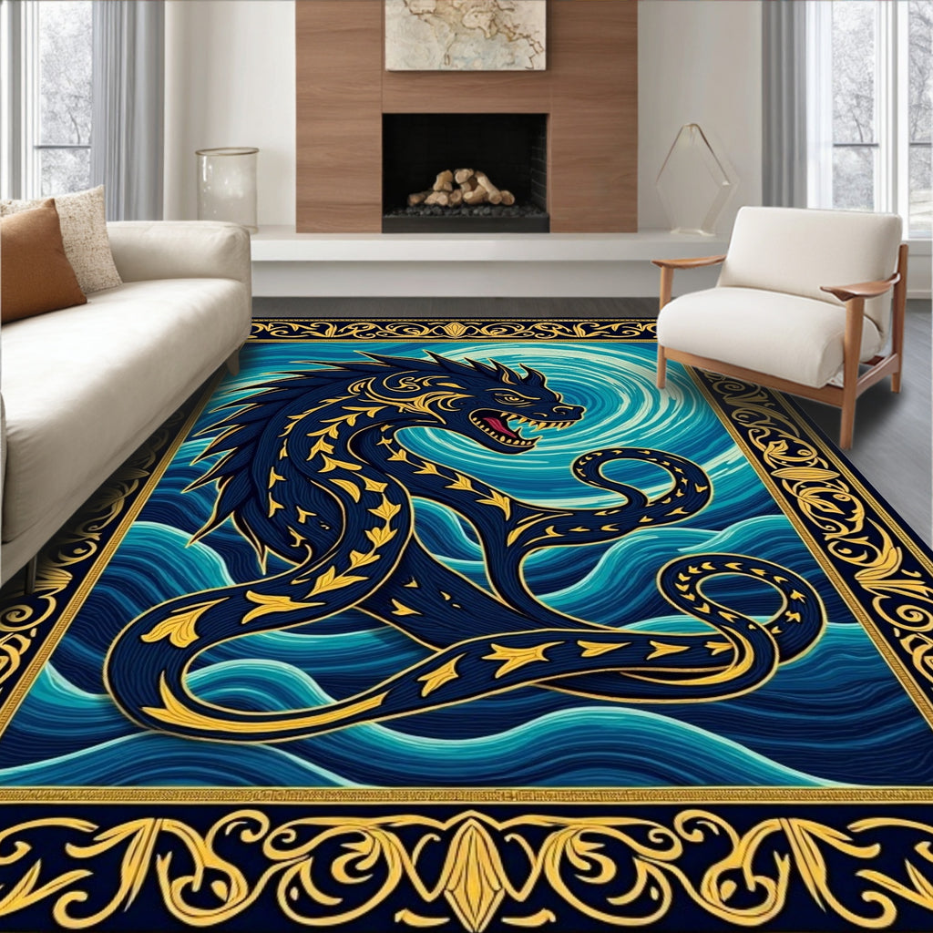 Deep Blue Golden Dragon Swirl Rug