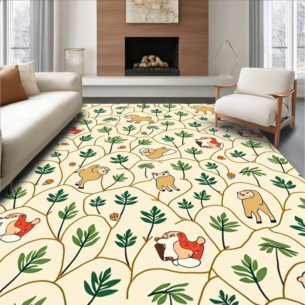 Whimsical Puppies Green Foliage Acorn Scene Rug
