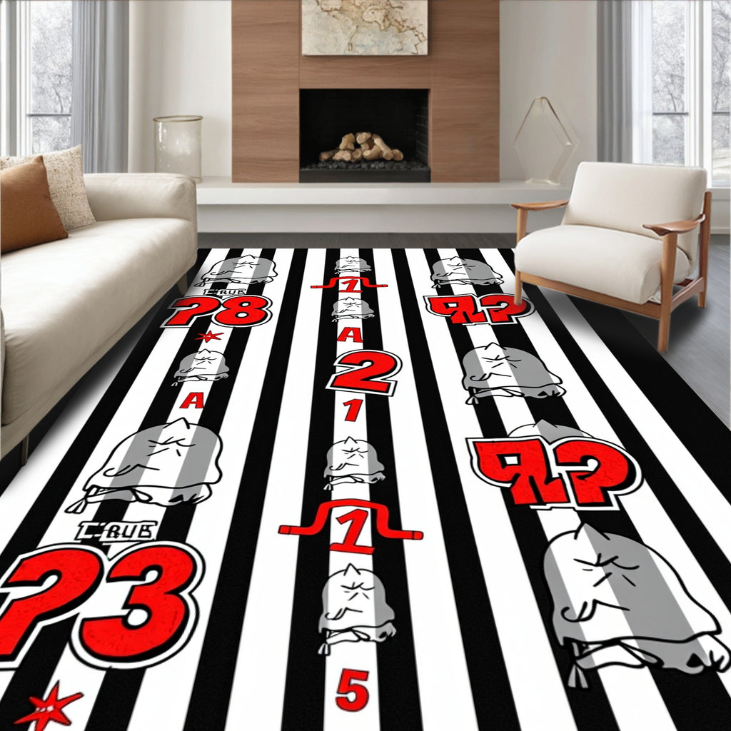 Black White Red Stiped Character Numbers Rug