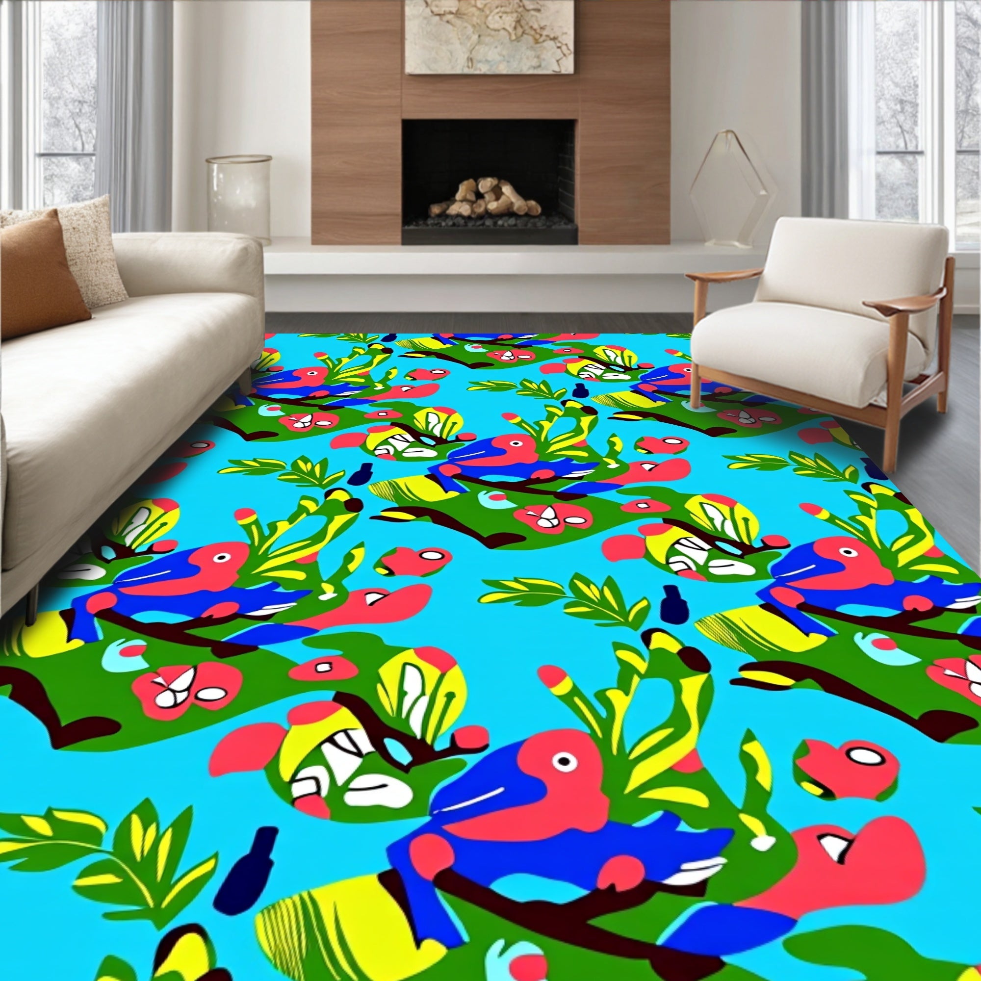 Bright Blue Tropical Bird Foliage Rug