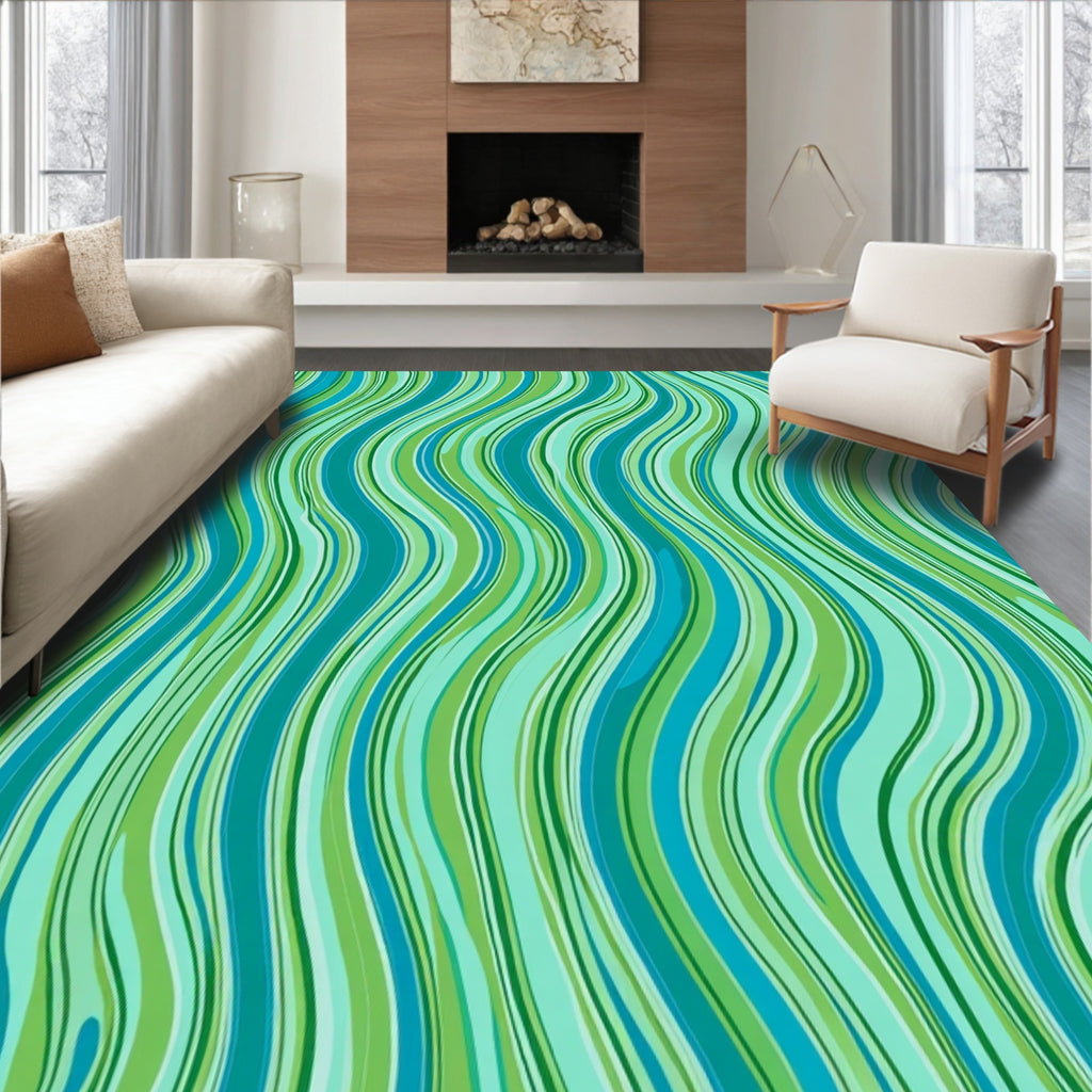 Emerald Teal Swirling Wave Stripes Rug