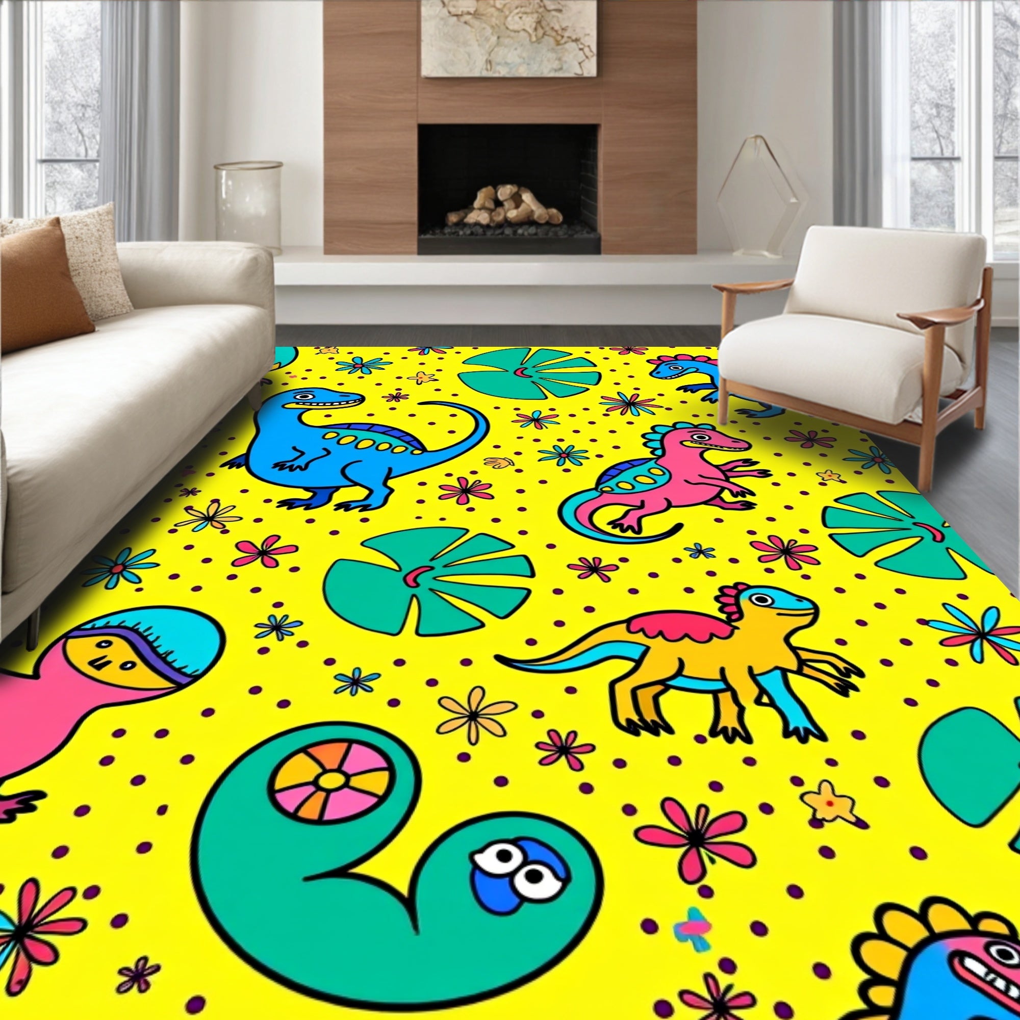 Bright Yellow Dinosaur Floral Fun Rug