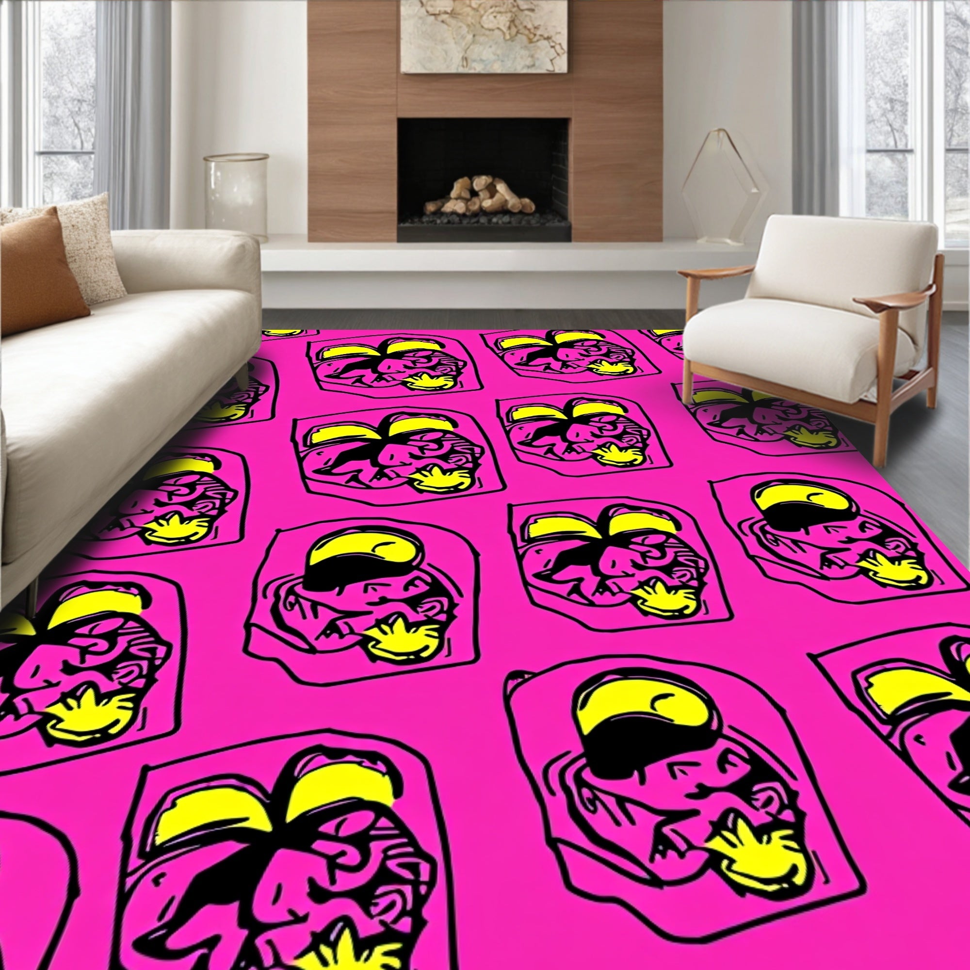 Pink Yellow Black Abstract Face Rug