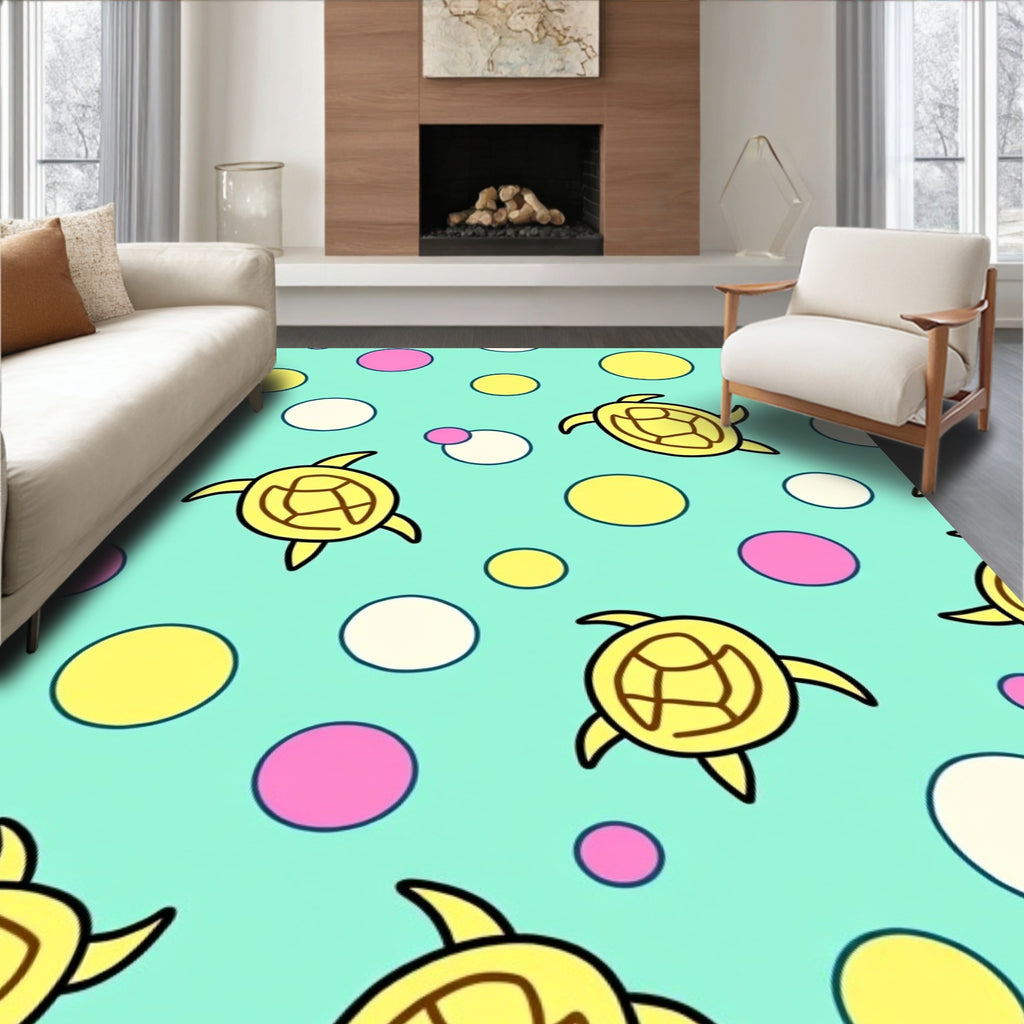 Yellow Turtles Pink Teal Circles Rug