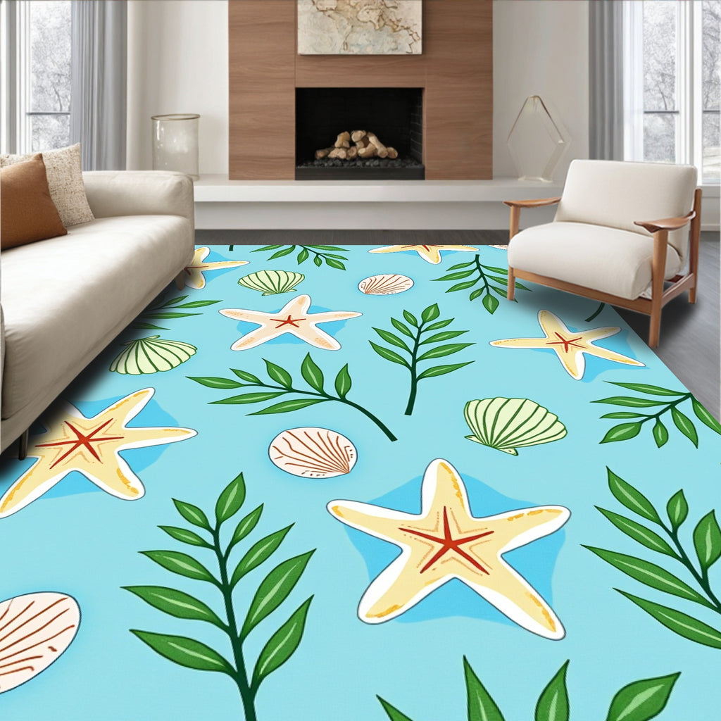 Coastal Starfish Seashell Leaf Toss Rug