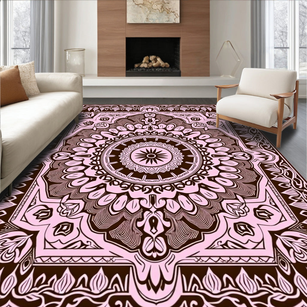 Soft Pink Ornamental Sunburst Mandala Rug