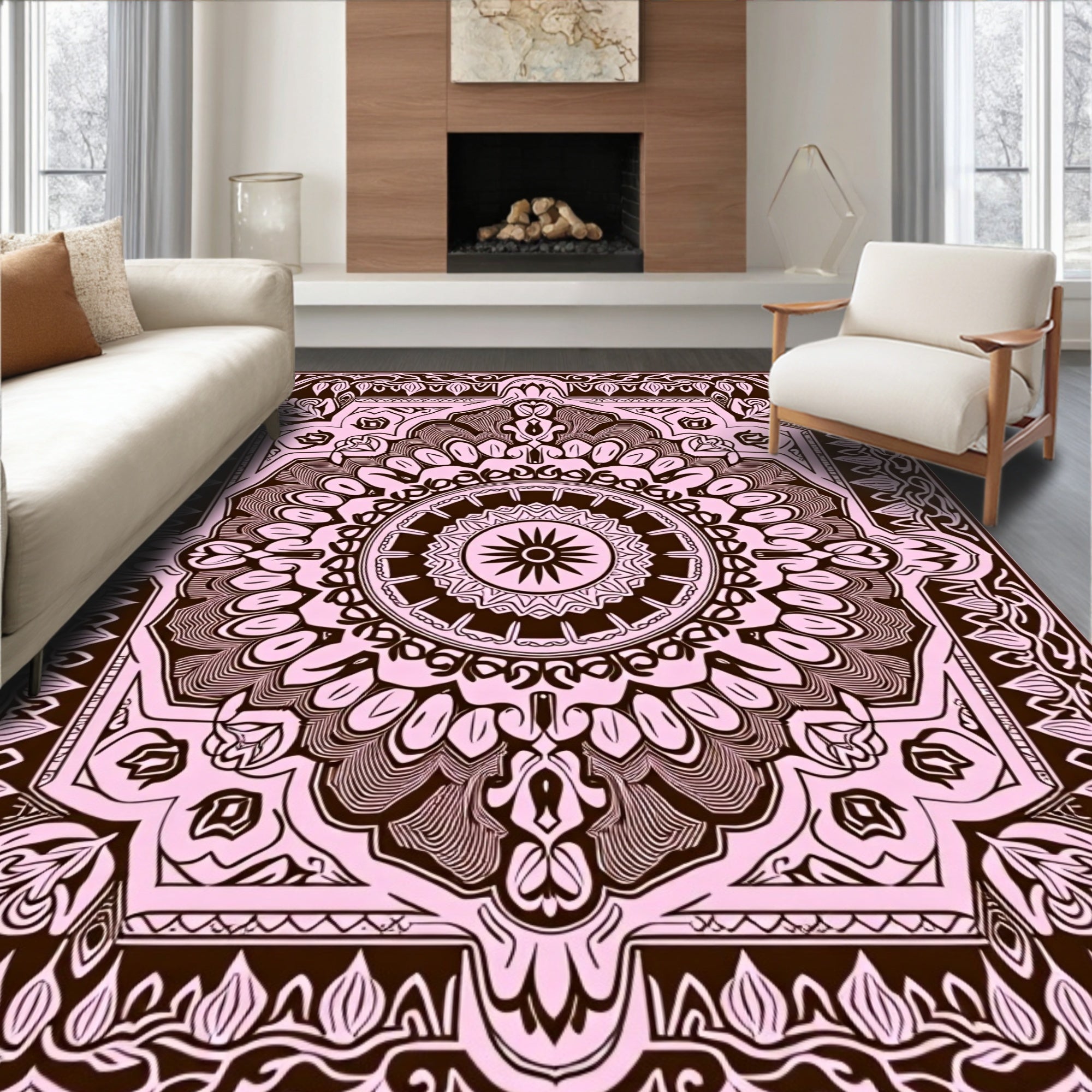 Soft Pink Ornamental Sunburst Mandala Rug