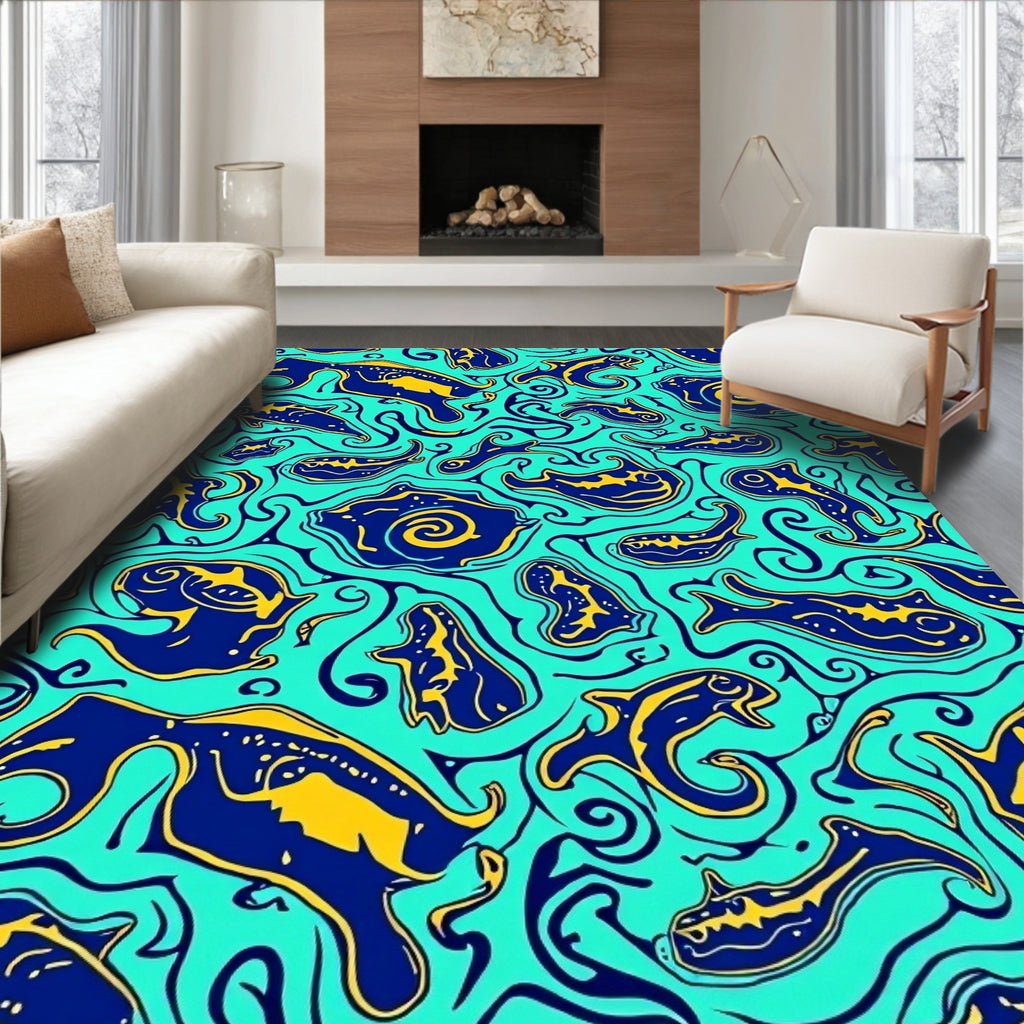 Surreal Teal Blue Yellow Fish Swirl Rug