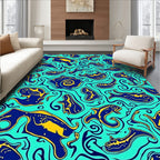 Surreal Teal Blue Yellow Fish Swirl Rug