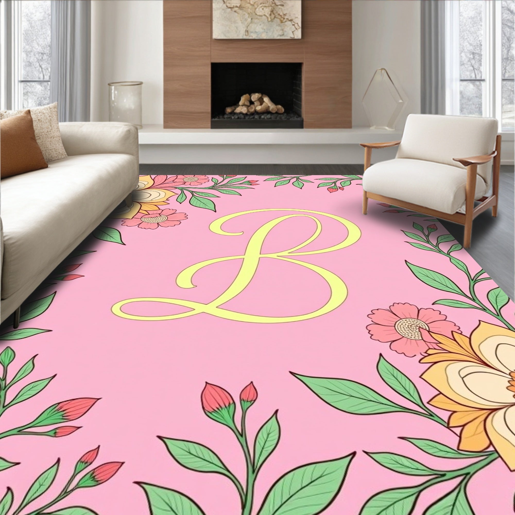 Pink Floral Frame Monogram B Rug