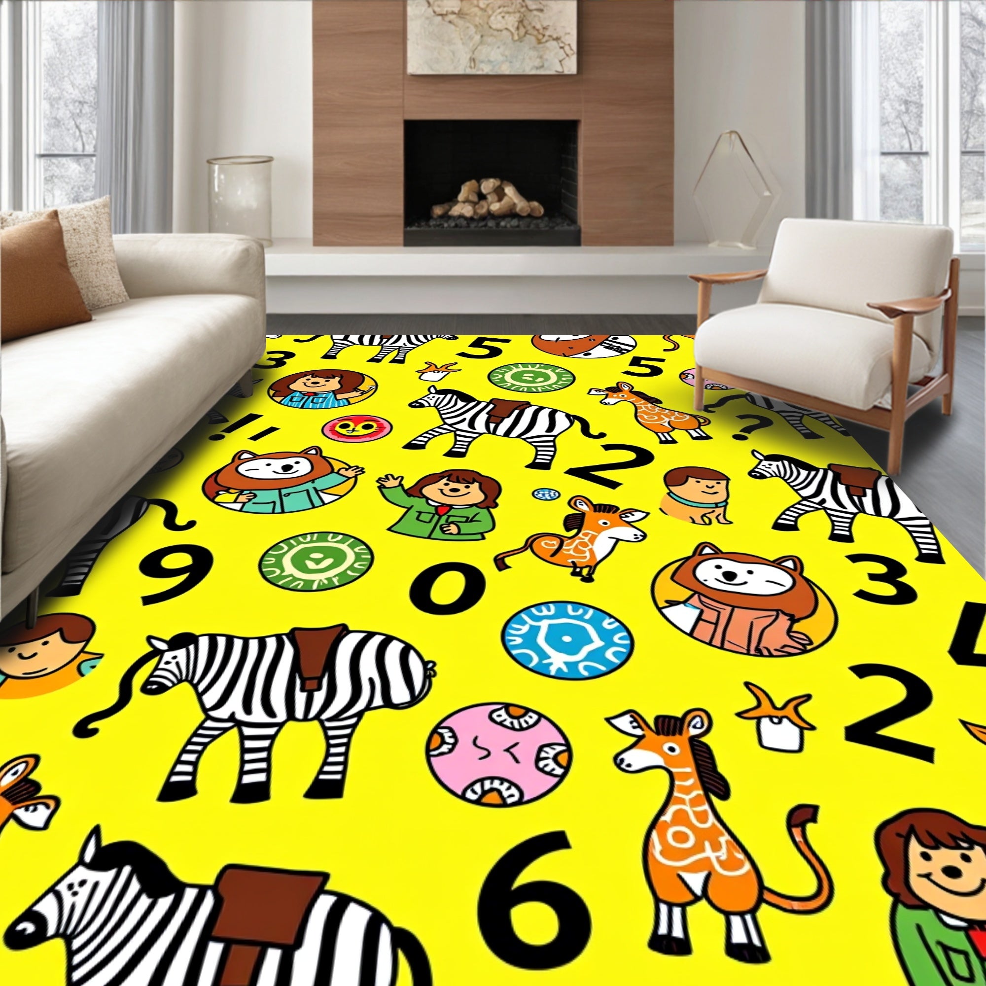Playful Animals and Numbers Yellow Rug
