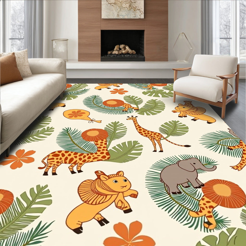 Whimsical Safari Animals Tropical Leaves Rug