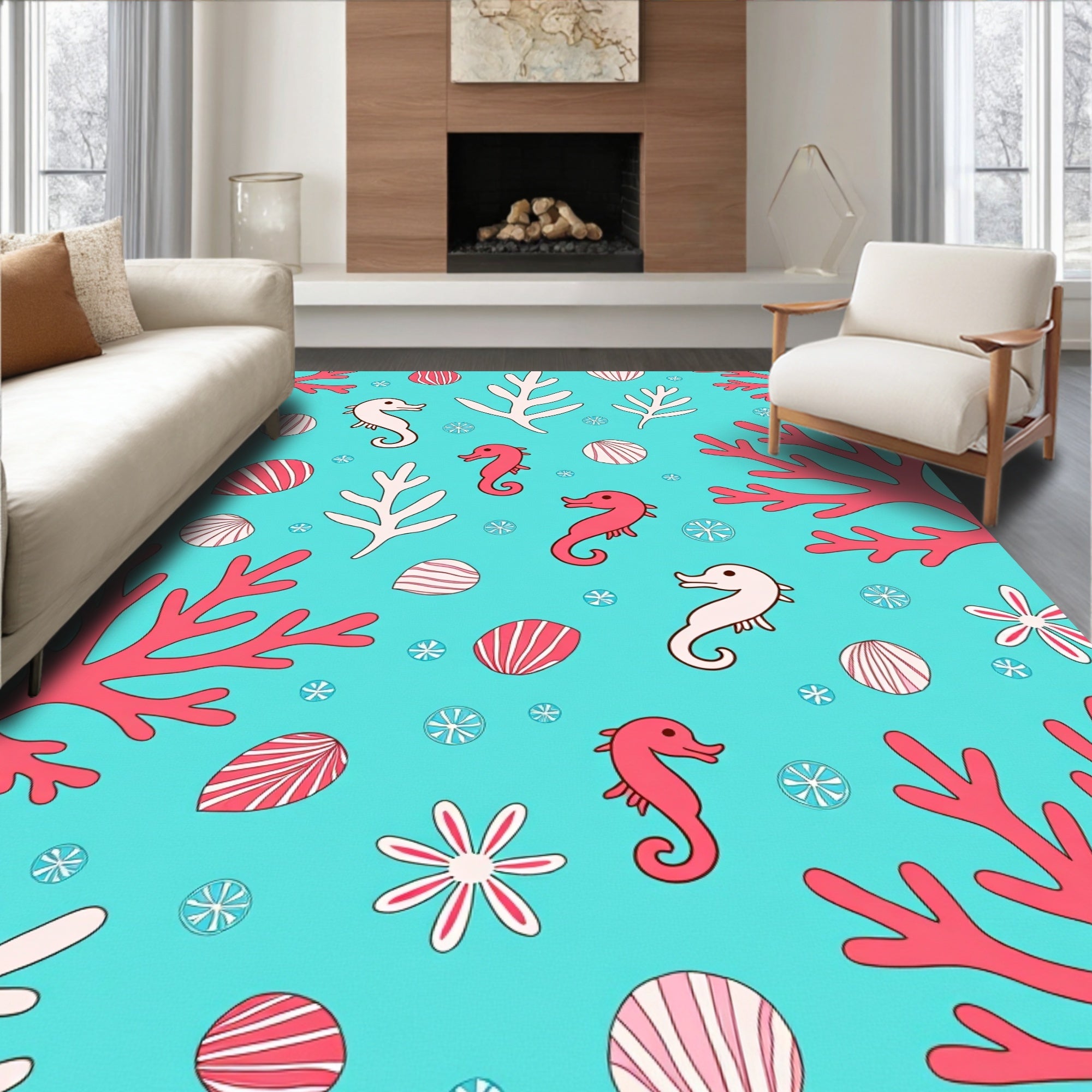 Coral Seahorse Ocean Life Rug