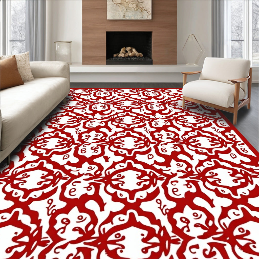 Bold Red Interlocking Scrollwork Rug