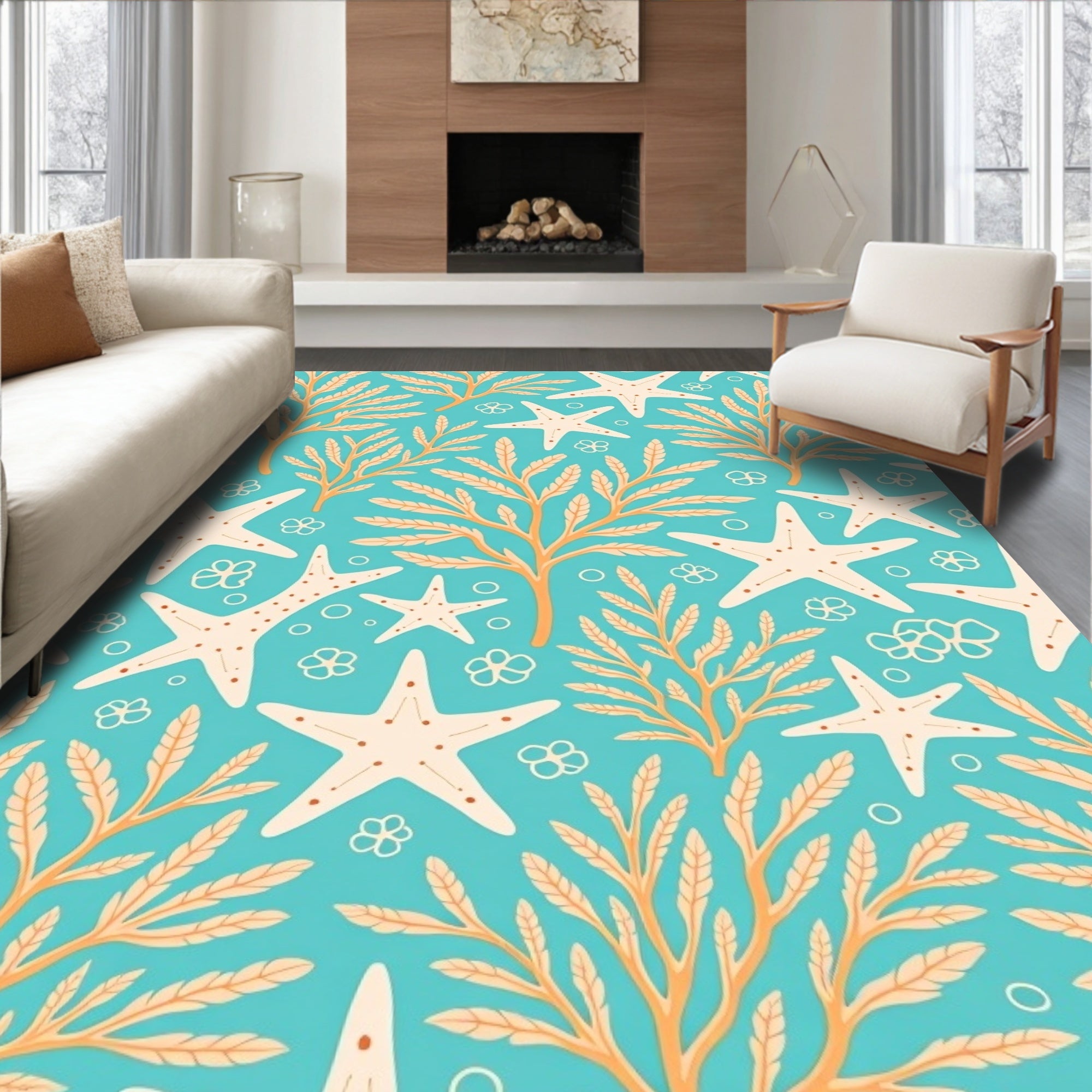 Coral Starfish Seaweed Aqua Rug