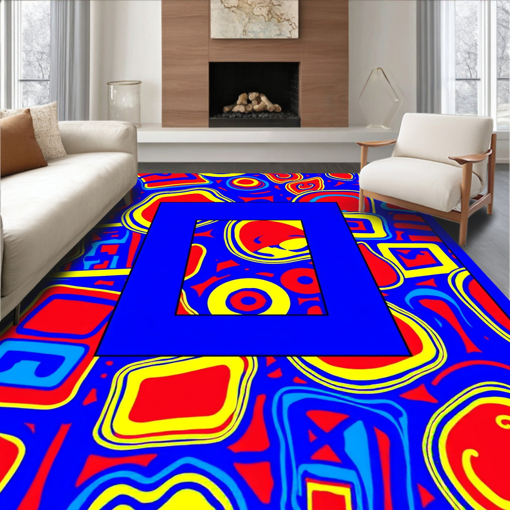 Blue Red Yellow Abstract Groovy Shapes Rug