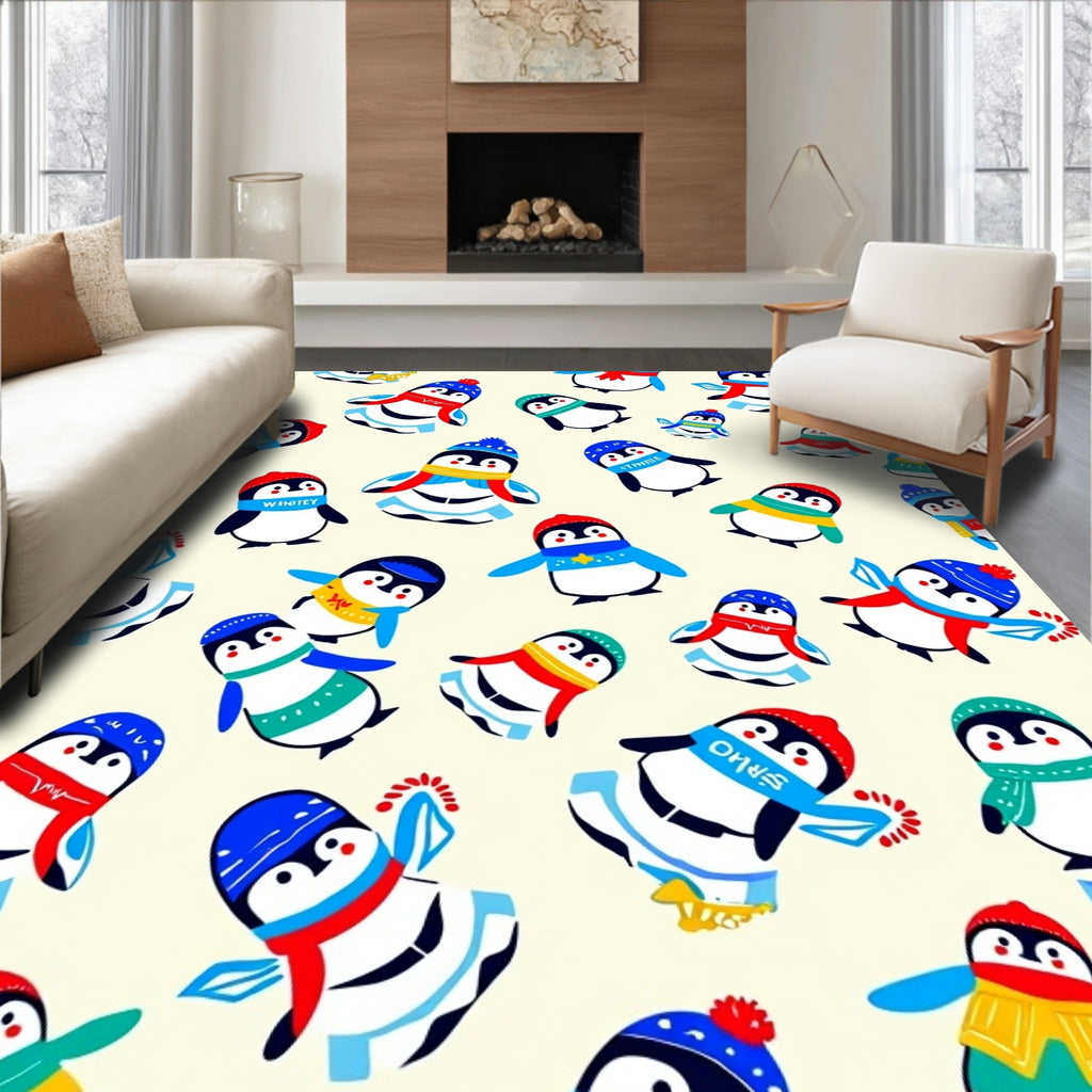 Whimsical Penguin Friends Winter Theme Rug