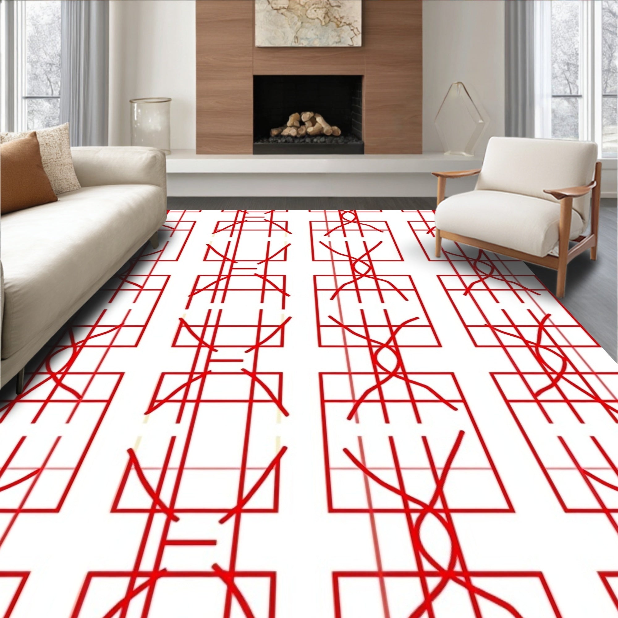 Red Intersecting Geometric Stripe Rug