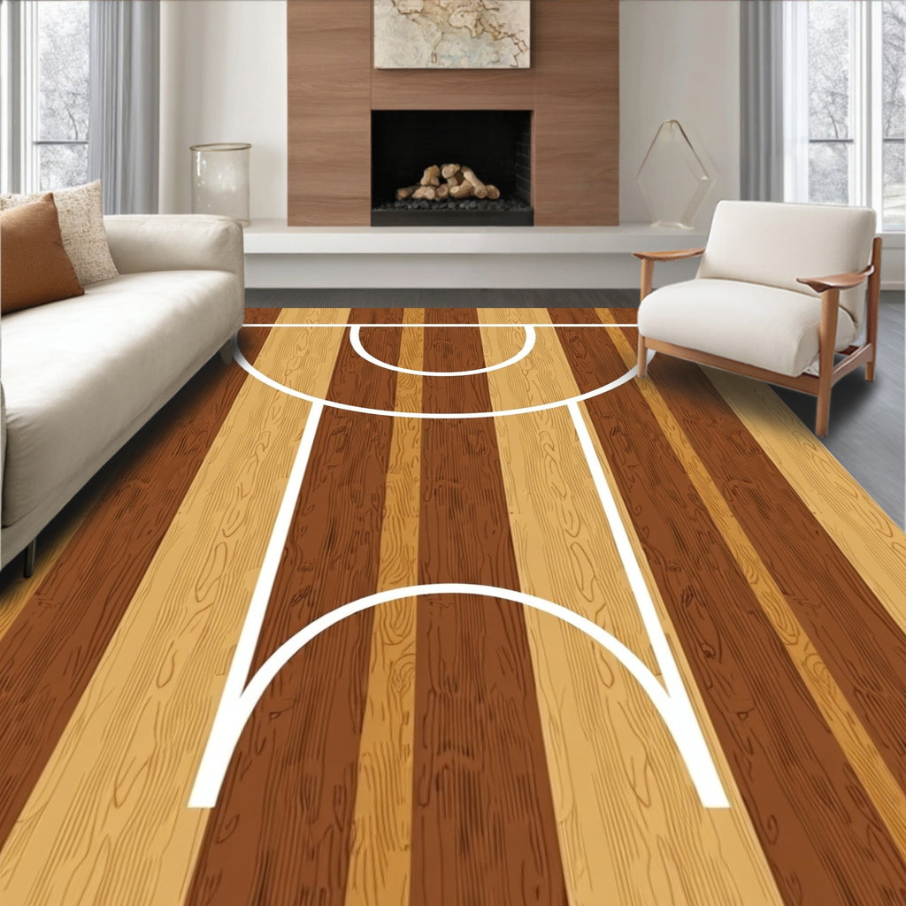 Wooden Basketball Court Stripes Rug