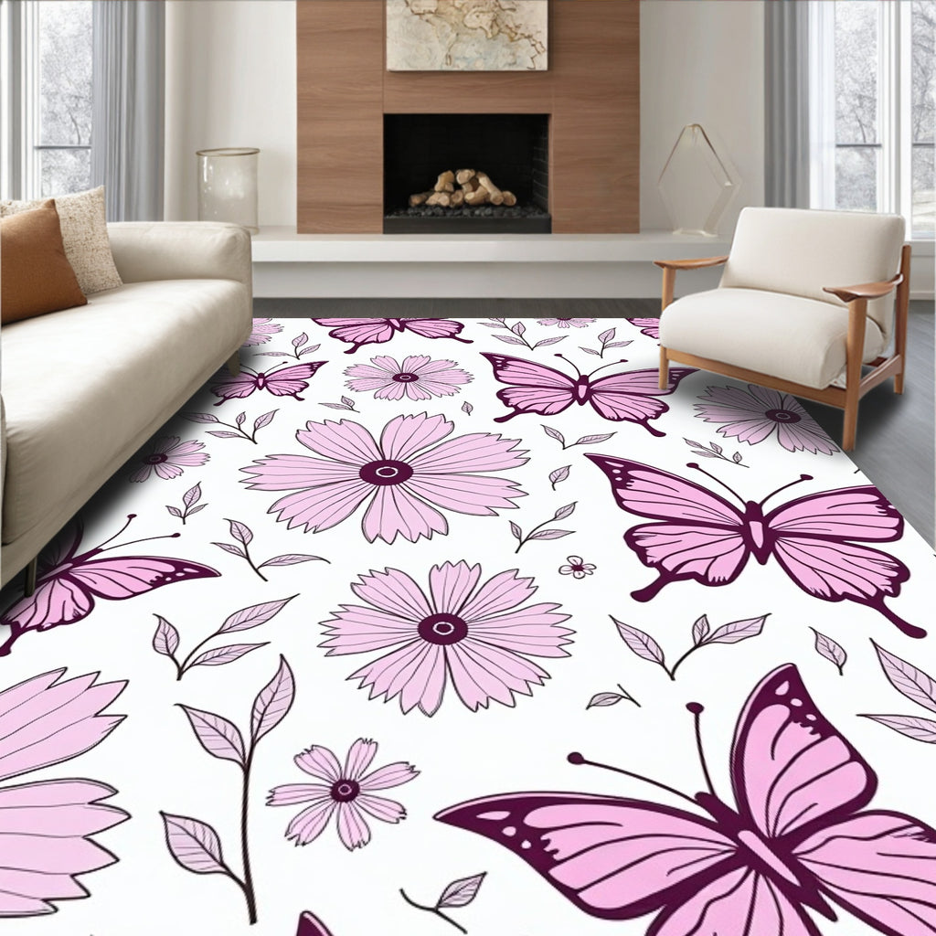 Pink Butterflies and Flowers Artwork Rug